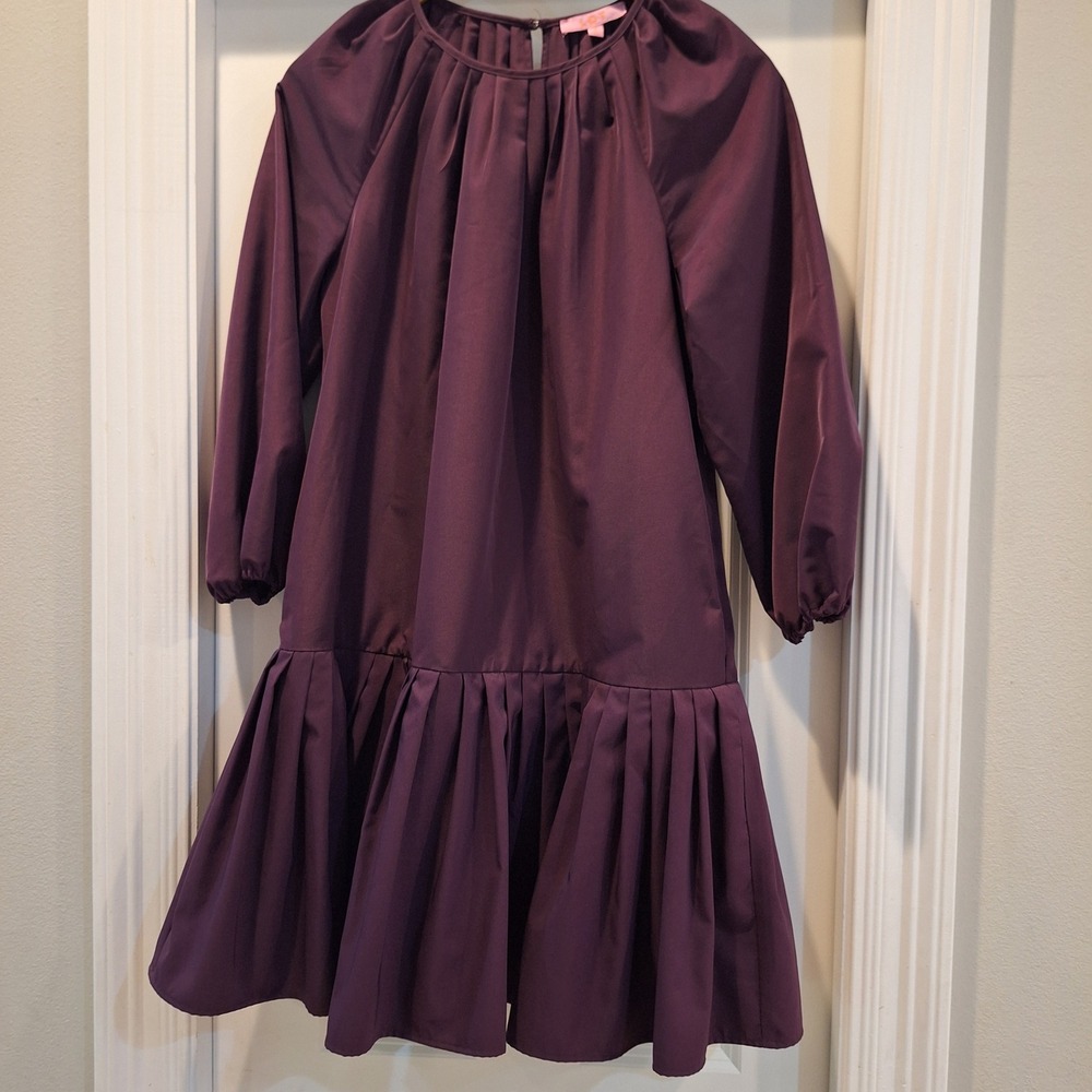 LDT Mini Dress Sz 8 Purple Long Sleeve Drop Waist Pleated Cocktail‎ Party Pocket